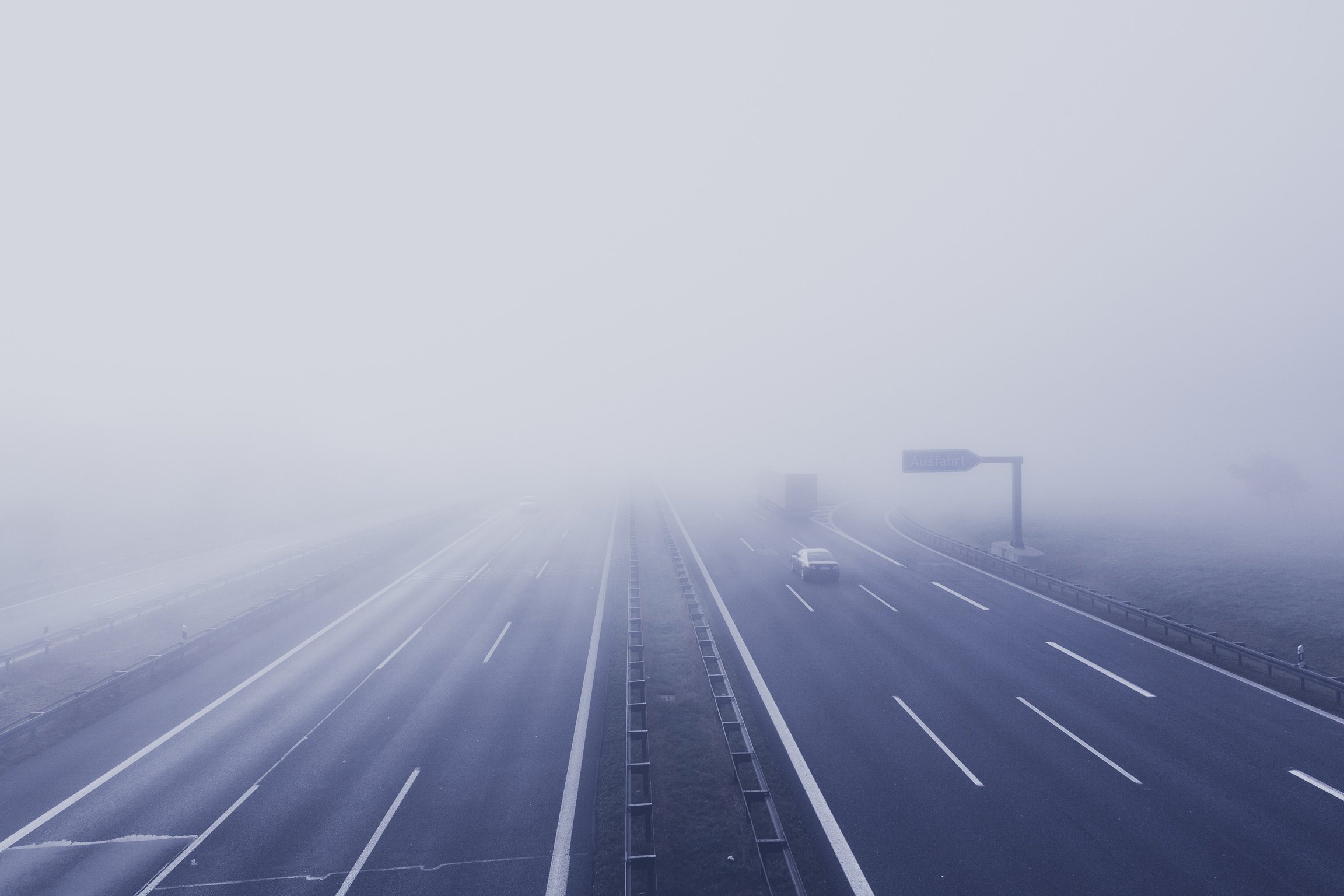 Fog, Road, Highway, Tar, Central Reservation, Landscape